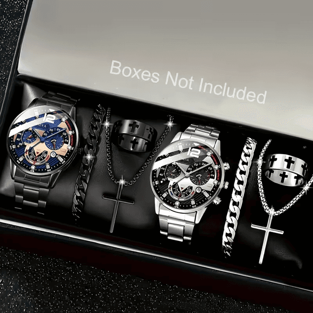 TEMU 2pcs Mscxdk Men's Watch Set With 6 Accessories, , Suitable For Formal And Casual Occasions - Quartz Movement, Battery-powered, Ideal For Office, Leisure, And Formal Events - Practical , Casual ,