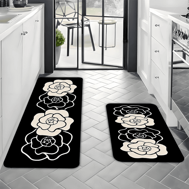TEMU 2/3개의 로즈 자수 패턴 주방 매트 세트, 야외 및 실내 입구 매트, 환영 매트, 가정, 거실, 주방, 침실, 코티지, 연구실, 복도, 세탁실, 신발 긁는 매트, 입구 매트, 홈 데코, 주방 매트 장식, 방 장식, 크리스마스, 할로윈, 데이, 부활절, 휴일 장식, 고품질 플란넬으로 제작된 0.47인치 높이의 매트입니다.
