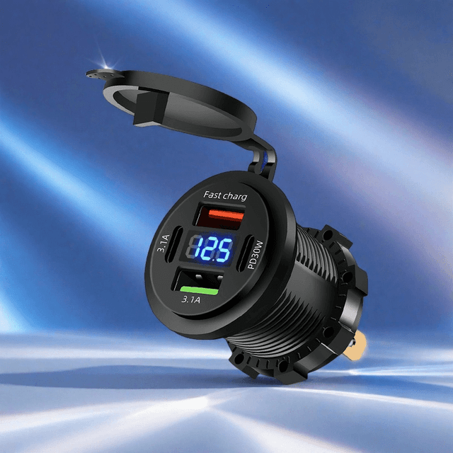 TEMU Four-port Smart Display Car Charger, 12v-24v Wide Voltage Auto Shut-off, Dual Usb+type-c Fast Charging Compatible For Cars/rv/motorcycles, Portable Power Adapter