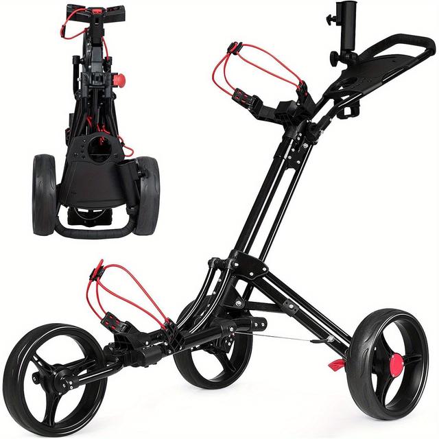TEMU Chariot de golf pliable noir à 3 roues avec parapluie en aluminium et porte-tee, frein à pied et poignée rembourrée réglable