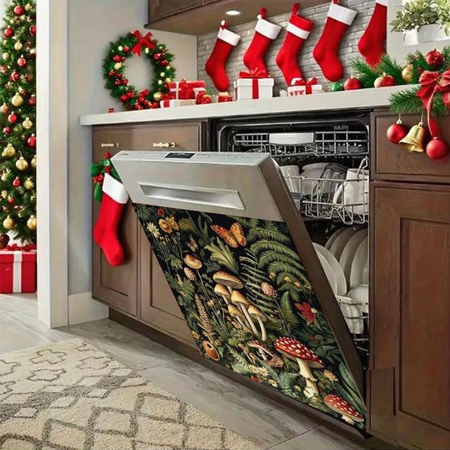 TEMU Creative 2d Flat Stickers Featuring Mushrooms And Butterflies In A , Perfect For Like Dishwashers, Washing Machine Panels, Refrigerator Cabinets, Room Doors, And More, Including Christmas-