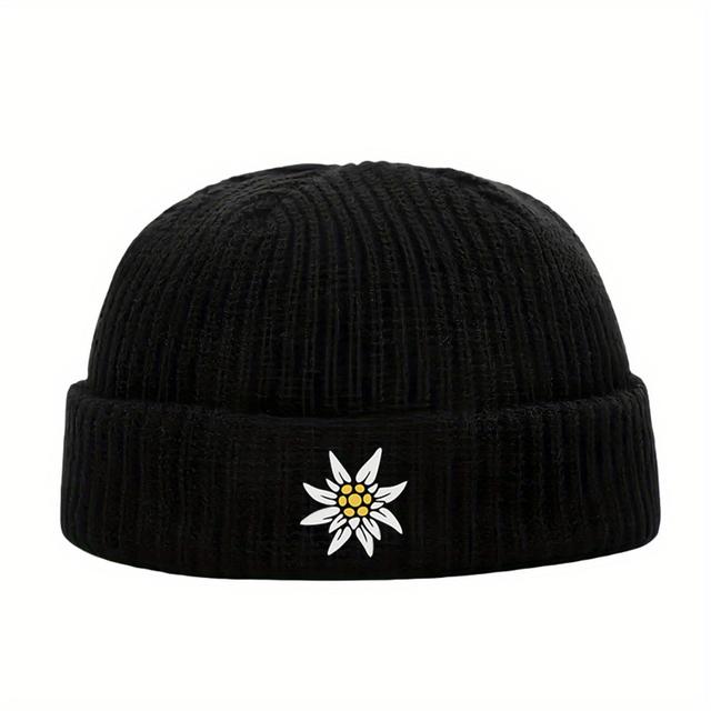 TEMU 1pc Flower Melon Brim Knitted Beanie - Black Ribbed Short Brim Winter Hat With Flower, Warm Unisex Skull Cap For Suitable For Winter, Christmas, New Year, - Hand Washable Weather Accessory