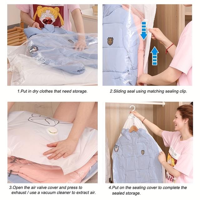 TEMU 8pcs Hanging Vacuum Sealer Bags Compatible For Clothes, Suits, Jackets- Space Saving Wardrobe Organizer With Transparent Front& White Back, Plastic Vacuum Storage Bags For Travel