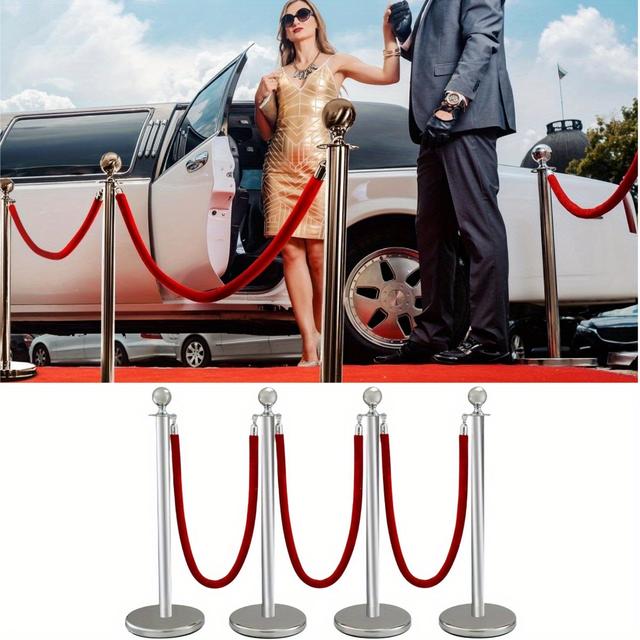 TEMU 4pcs Stainless Steel Post, Stanchions With Red Rope, Hollow Base And 5ft Velvet Ropes Safety Barriers Set (4pcs-silvery+3pcs Ropes)