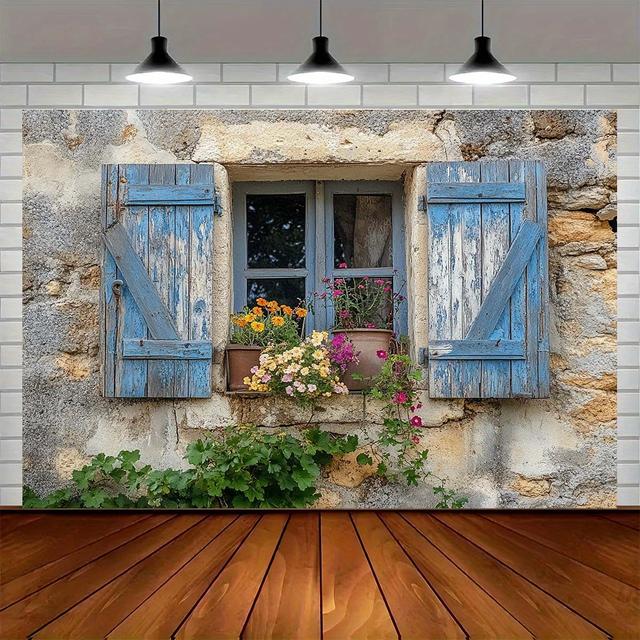 TEMU 1pc Rustic Blue Shutters & Floral Window Scene Tapestry - Polyester, No Electricity Needed, Party Backdrops, Birthdays, , And Holiday Events, Outdoor Decorations