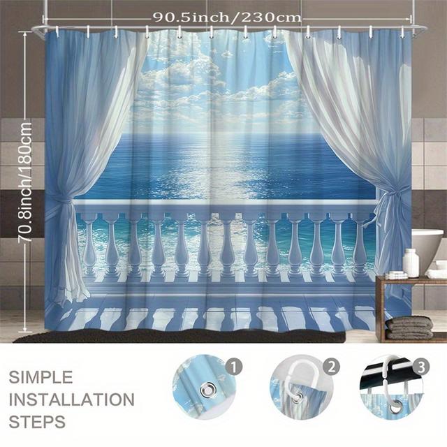 TEMU 1pc Ocean Balcony Shower Curtain With White Railings, Billowing Drapes, And Design - Polyester Fabric Bathroom Decoration, Hooks For , Curtains For Bathroo