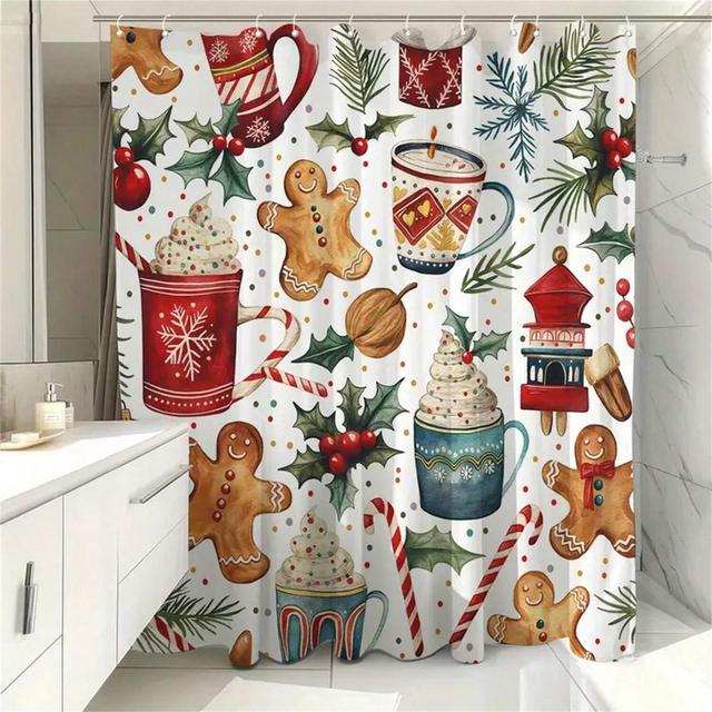 TEMU 1pc Christmas Gingerbread Seasonal Bathroom Curtain Polyester Shower Curtain No-hole Punch Partition Bath Curtain