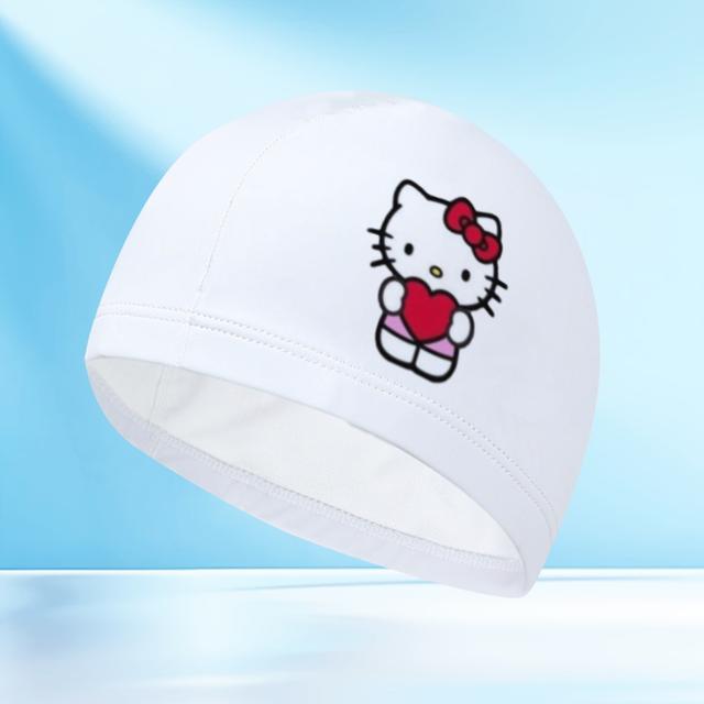 TEMU หมวกว่ายน้ำลาย Hello Kitty จาก Sanrio สำหรับผู้ชายและผู้หญิง - หมวกถักนุ่มสบาย เหมาะสำหรับสระว่ายน้ำ ชายหาด และสนุกแดดในฤดูร้อน