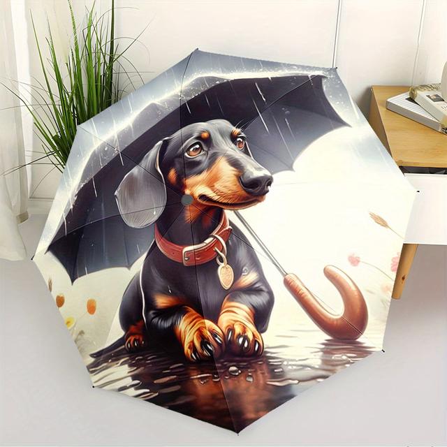TEMU Paraguas Automático Plegable con Diseño de Dachshund Sosteniendo un Paraguas. Accesorio Portátil para Exteriores, Ideal para Todas y Regalo de Navidad o