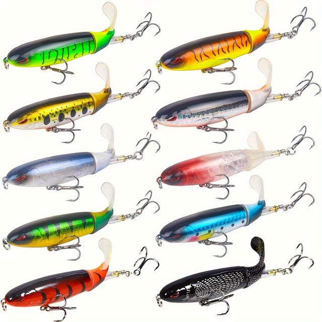 TEMU 10pcs Fishing Lure For Bass Popper Top Water Fishing Lures With Floating Rotating Tail Treble Hooks In Plopping Lures Kit