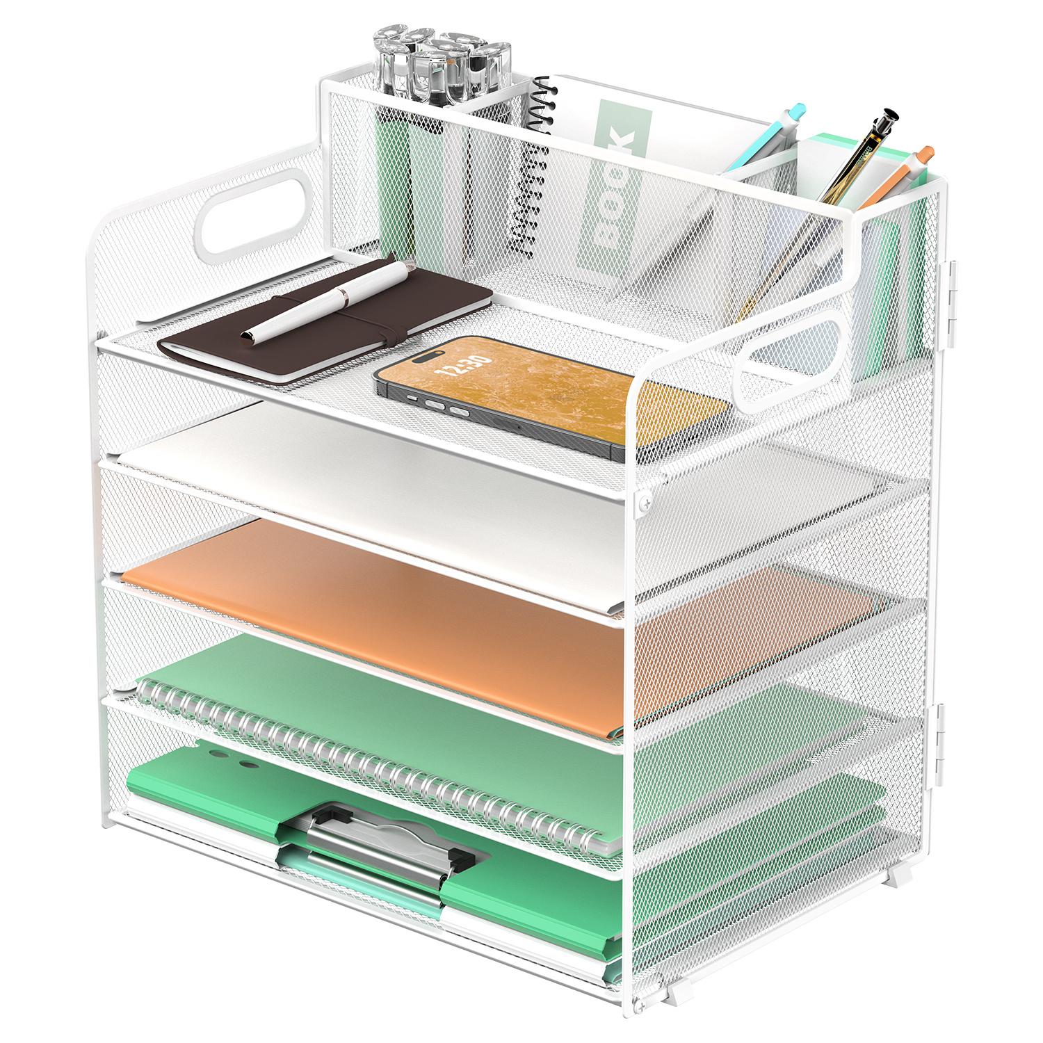 TEMU Supeasy 5-tier Paper Tray Organizer For Desk, Mesh Desk Organizer With Handle & 3 Pen Holders, Ideal For Home Office Supplies