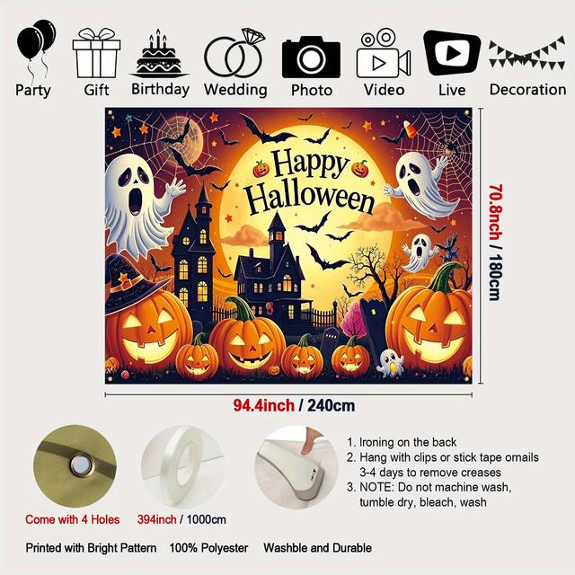 TEMU Happy Halloween Hintergrund Banner mit verfluchtem Schloss, Kürbissen und Geistern - Langlebiger Polyester, ideal für Partys, und gruselige Dekorationen, Halloween Dekorationen