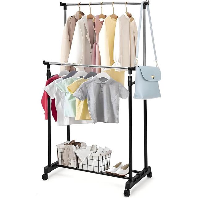 TEMU Clothes Rack Portable Hanger With Wheels Clothes Rack With Wheels Mute Hanger Double Rod Adjustable Hanger 90-160cm Retractable Hanger For Bedroom Living Room Washroom Black