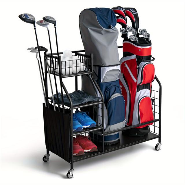 TEMU 4-in-1 Golf Bag Storage Organizer With Lockable Wheels, 2 Golf Bags Storage Stand With 8-pocket Organizer, Golf Ball Basket, 4 Removable Hooks