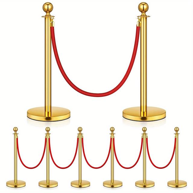 TEMU 8pcs Posts And 6 Pack Red 5 Ft, Post With Ball Top, Barriers Golden Stanchions, Red Carpet Poles, Ropes And Poles For Party Supplies