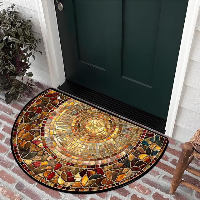 TEMU 1pc 2d Printed Pattern Semi-circular Door Mat - Soft Polyester Machine-washable Indoor/outdoor Mat With Vibrant Mosaic Design For Entryway, Front Door, Porch -