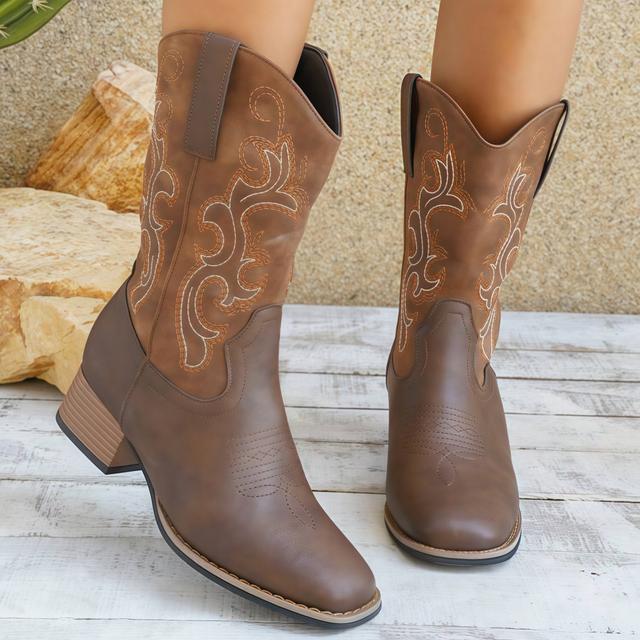 TEMU Women's Western Cowboy Boots With Embroidered , Pointed Toe, Thick Block Heel, Slip-on Mid-calf Boots For Casual Wear - Brown Cover, , Cowgirl Boots, Comfortable Fabric Lining