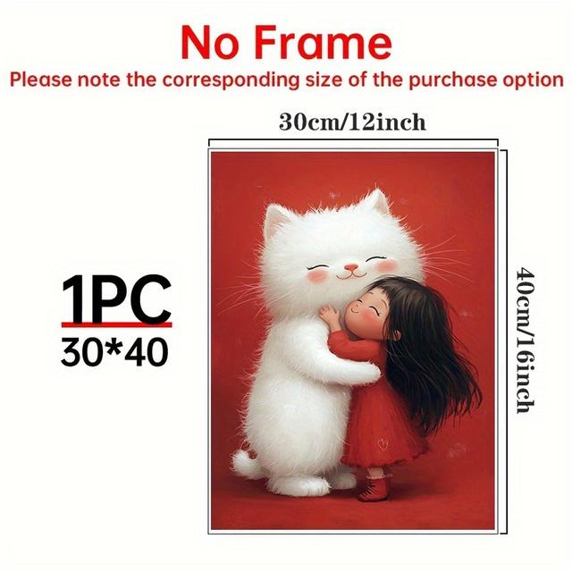 TEMU 화이트 고양이와 소녀가 안아주는 한 장의 프레임 없는 캔버스 프린트 - 거실, 주방을 장식하거나 집 장식용으로 완벽한 선물입니다.