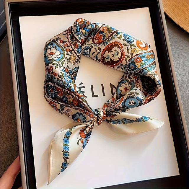 TEMU Pañuelo Francés Retro 100% Seda de | Elegante Bufanda Cuadrada de Seda con Estampado Floral, Lavar a o Limpieza Profesional