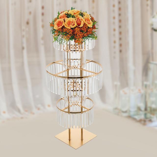 TEMU 5 Tier Wedding Centerpieces Flower Stand With Hanging Crystals, 43.3in Golden Vases Round Flower Pedestal Stand For Birthday Party Decoration