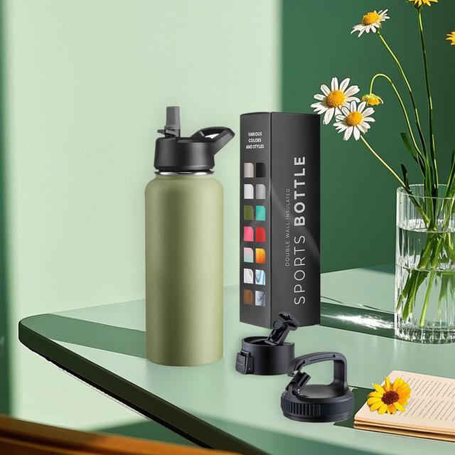 TEMU 32oz Stainless Steel Insulated Water Bottle With Straw & 3 Leak-proof - Triple Walled, Army Green, Travel, Sports, Gym -