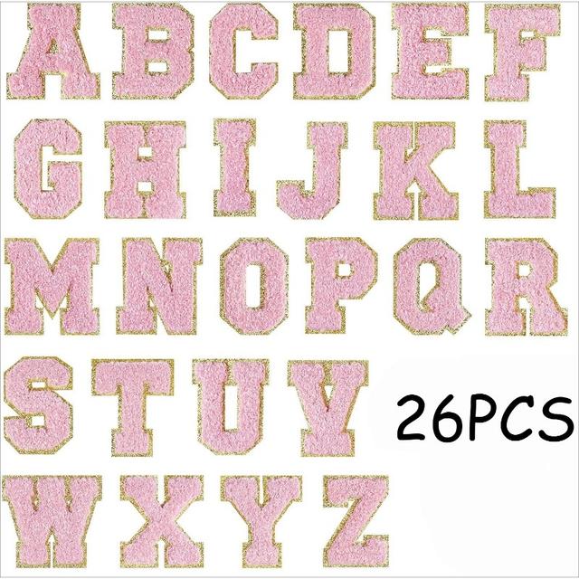TEMU 26 stuks Roze Pluche Alfabet Patches A-Z, Zelfklevende Stoffen Letters voor Kledingreparatie en DIY Knutselen