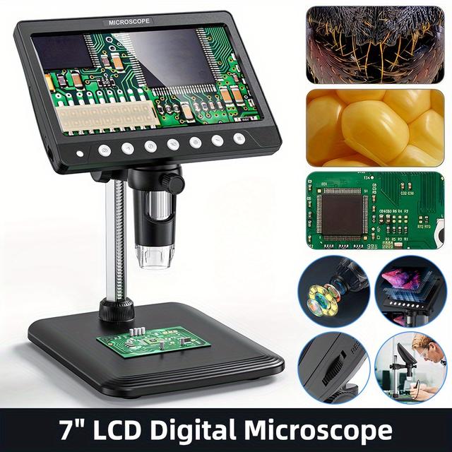 TEMU 7-inch Ips Microscope Monitor With Lcd Display, 1080p Hd Ultra-precise Focusing Soldering Microscope, Usb Rechargeable Microscope Magnifier With 8 Adjustable Led Lights