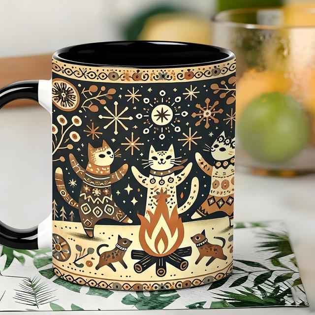 TEMU 1pc 11oz Style Ceramic Mug - Nordic Cat Bonfire Pattern Coffee Tea Cup, Rustic Drinkware For Home Kitchen Office, Ideal Gift For Cat Lovers Art Enthusiasts, Cozy Daily Use & Special Occasions