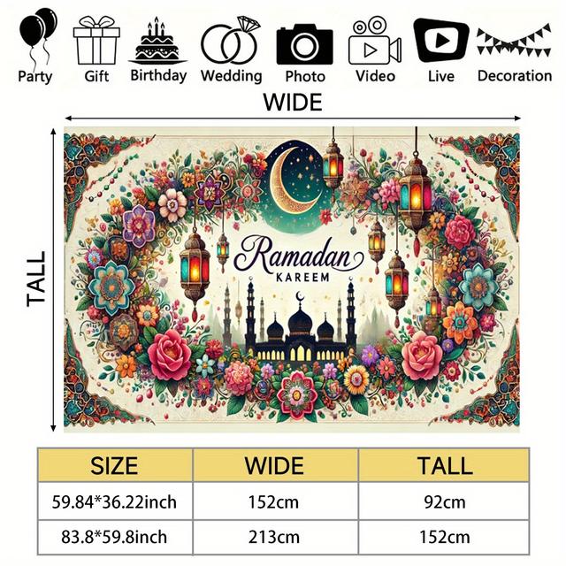 TEMU 1 قطعة، بركة الهلال الزهرية لرمضان، خلفية صورة بوليستر متينة لرمضان كريم، لافتة جدارية لعيد ، لوازم تصوير عيد الفطر، لاحتفالات رمضان والإيد الكبير المسلمة، زينة موسيقية إسلامية للمهرجان