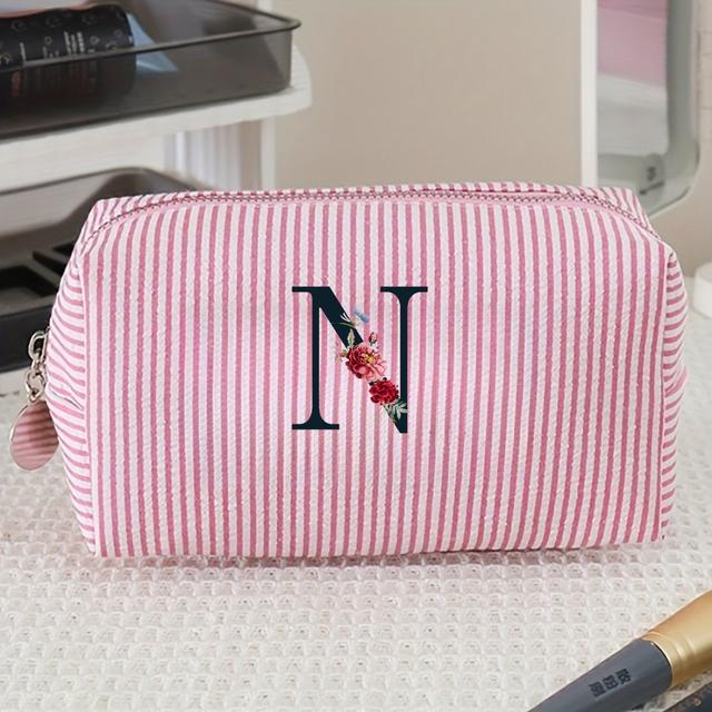 TEMU حقيبة مستحضرات تجميل شخصية بتصميم زهرة الورد والأحرف والخطوط - لون وردي فاتح وأزرق مع بطانة قماشية - هدية للعروس، هدية عيد ميلاد/ذكرى سنوية، حقيبة أدوات الزينة (صندوق ")