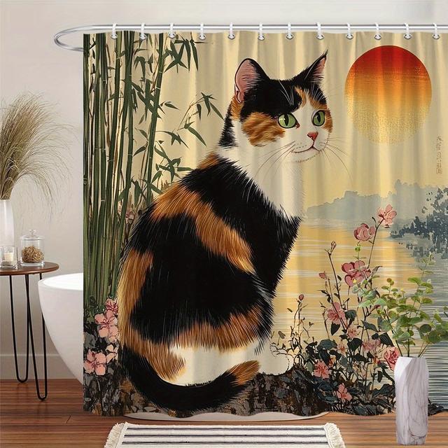 TEMU 1pc Cortina de Ducha Tradicional Japonesa -e - Gato Calico con al Atardecer , Diseño de Bambú y Flores, 180x180 cm, 12 Ganchos, Poliéster Lavable en Máquina, Regalo Único para Nueva Casa