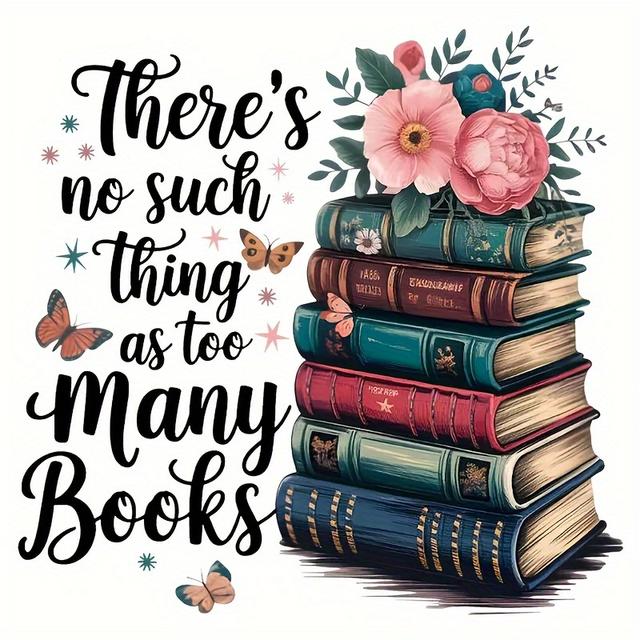 TEMU 1pc Whimsical Book And Floral Iron-on Heat Transfer Patch - Vibrant Stack Of Books With And Butterflies, Diy T-shirts, Jeans, Backpacks, Book Decor