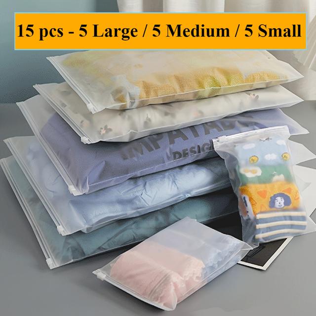 TEMU 15pcs Travel Storage Bags, Sizes (5 Large, 5 Medium, 5 Small) - Transparent, Zipper Sealed, Reusable Storage Bags For Clothes, Shoes, Space-saving And Durable Packing Bags
