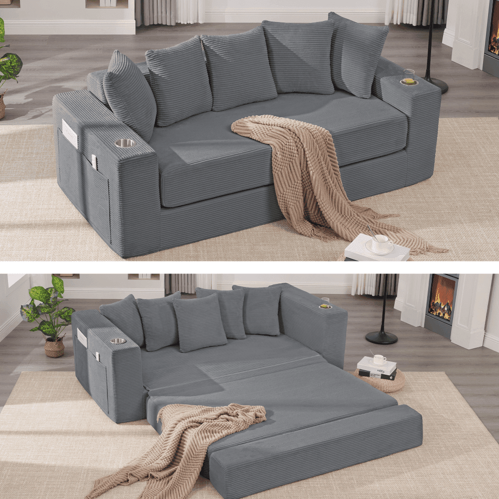 TEMU 2-in-1 Convertible Sleeper Couch, Modern Sofa, Floor Folding Couch, Corduroy Loveseat Sofa, 5 Pillows, Side Pocket, Cup Holders, Apartment, Home Office, No Assembly, Green