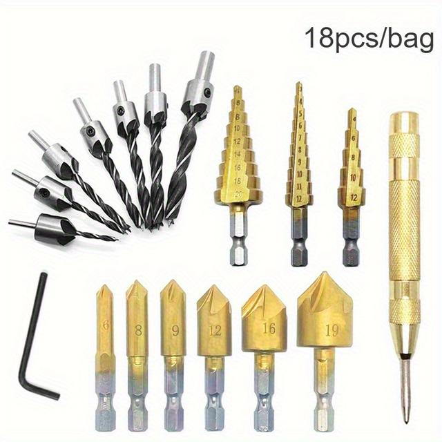 TEMU 18pcs Drill Bit Set With Step Drill Bit, Center Punch, Drill Bit, Chamfering Cutter & Plug Cutter For Diy Enthusiasts