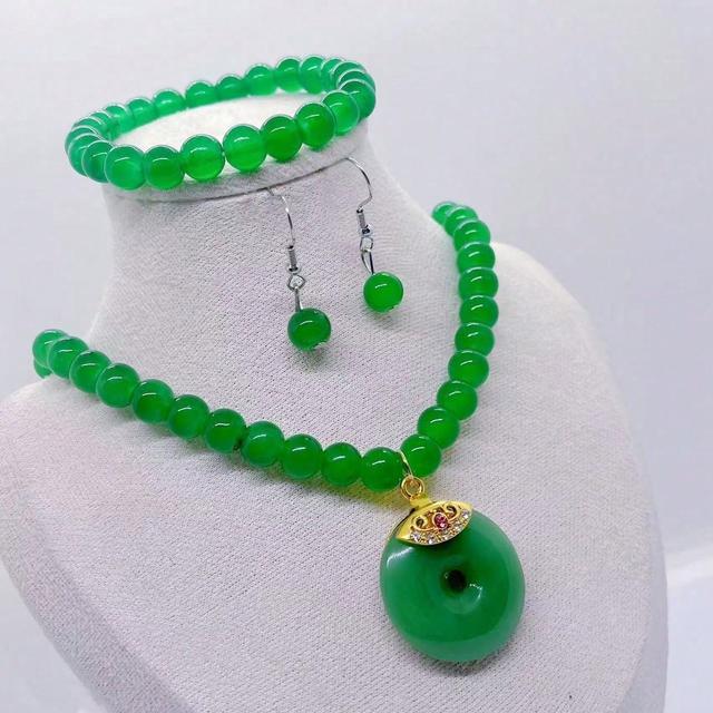 TEMU 4pcs Chinese-style Jasper Necklace & Bracelet For - Luxury Green Gemstone Suitable For Birthdays, Parties, Daily Wear, December Birthstone Gift, Safety Buckle Pendant, European