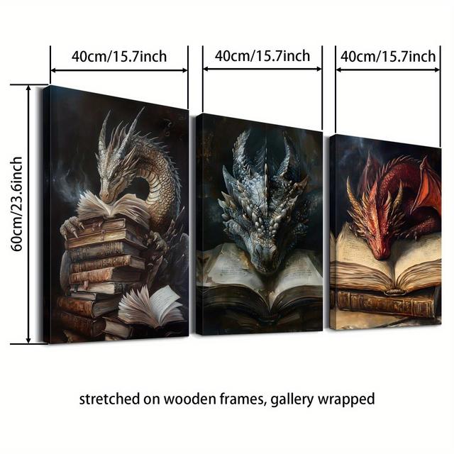 TEMU 3- Houten Frame Canvas Print Decoratief Schilderij, Mythische Wezens, Boeken van , Fans van Fantasieboeken, Lezen Kunst, Binnenhuis Muurdecoratie Kunst, Mythische Kamerdecoratie