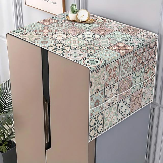 TEMU /1개, 2D 평면, 냉장고 커버 및 세탁기 커버 (옆면 수납 공간 포함), 냉장고 교체 그릴, 가정용 냉장고 및 세탁기 적합, 실용적인 가정용 패브릭 제품, 레트로 기하학 패턴 프린트