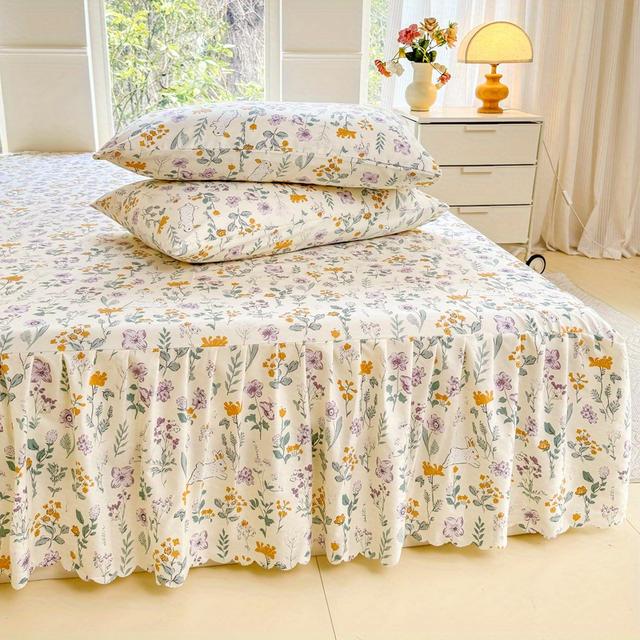 TEMU Bed Skirt Set Of 3pcs Spring Small Floral Single Bed Skirt + 2 Pillowcases, Height 40cm, Washed , Soft And Machine Washable, Suitable For All , Does Not Pillow Cores