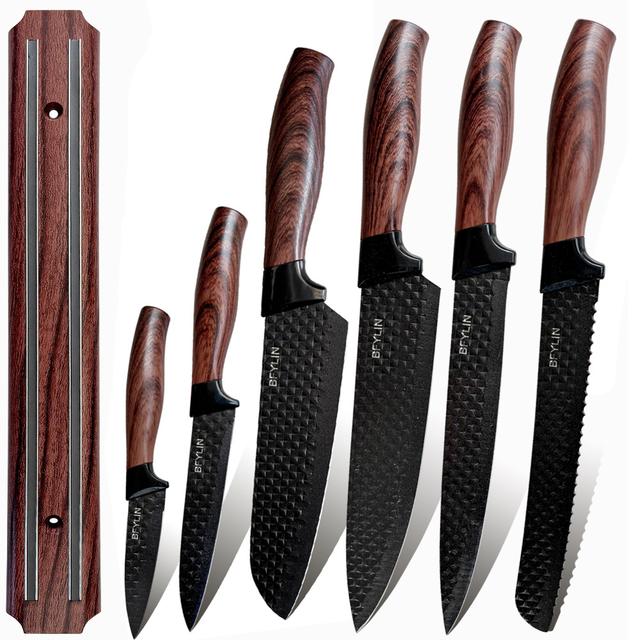 TEMU 7pcs Kitchen Set | Stainless Steel, Brown Handles, Sturdy And Durable, Magnetic Strip Holder, Suitable For Kitchen, Restaurant, Outdoor Camping