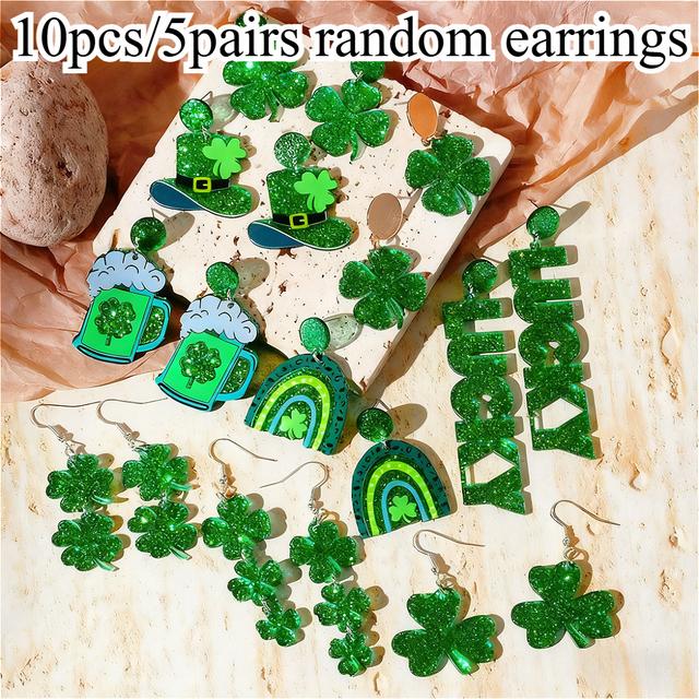 TEMU 10pcs/ 5pairs Earring Set, 's Oktoberfest Fashion Earrings, Unique And Earrings, Acrylic Glitter Clover Earrings, Beer Earrings, Suitable For Casual Attire And Parties, Party Gift, For .