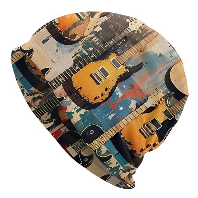 TEMU Biihudu Men's Electric Guitars Collage Beanie Hat - Rock Music Theme With Vibrant Guitar Print, Multicolor Electric Guitars Design, Stretchy Fit For Musicians & Music Lovers, Casual Winter