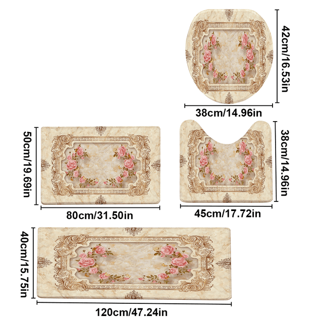 TEMU مجموعة من 4 قطع بساط حمام بطبعة زهور قديمة - غير قابلة للانزلاق، قابلة للغسل في الغسالة، مصنوعة من البوليستر الفلانيل مع تصميمات زهور بيج ووردي لتصميم حمام أنيق