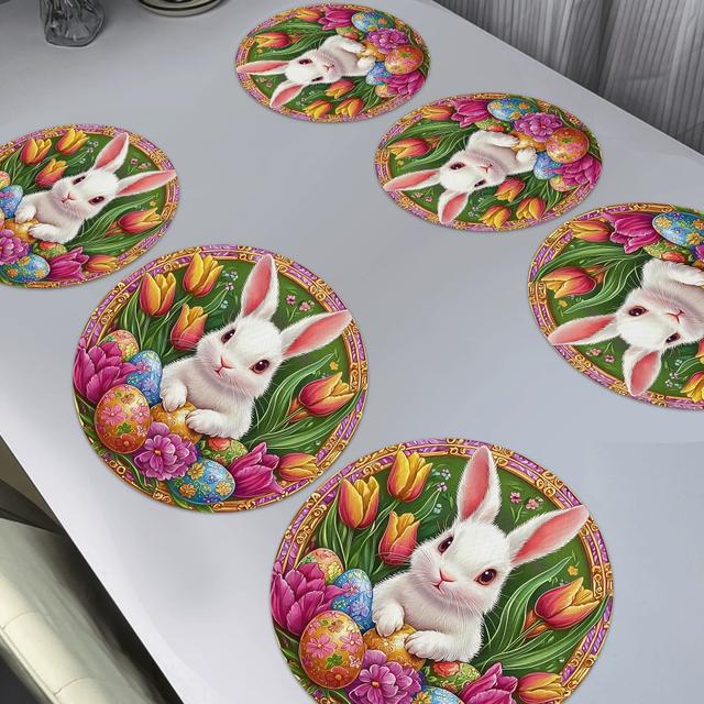 TEMU 6pcs Set Easter Bunny Placemats - Non-slip, Washable Polyester Table Mats With Egg Design For Holiday Dining & Kitchen Decor, 15x15in/38x38cm