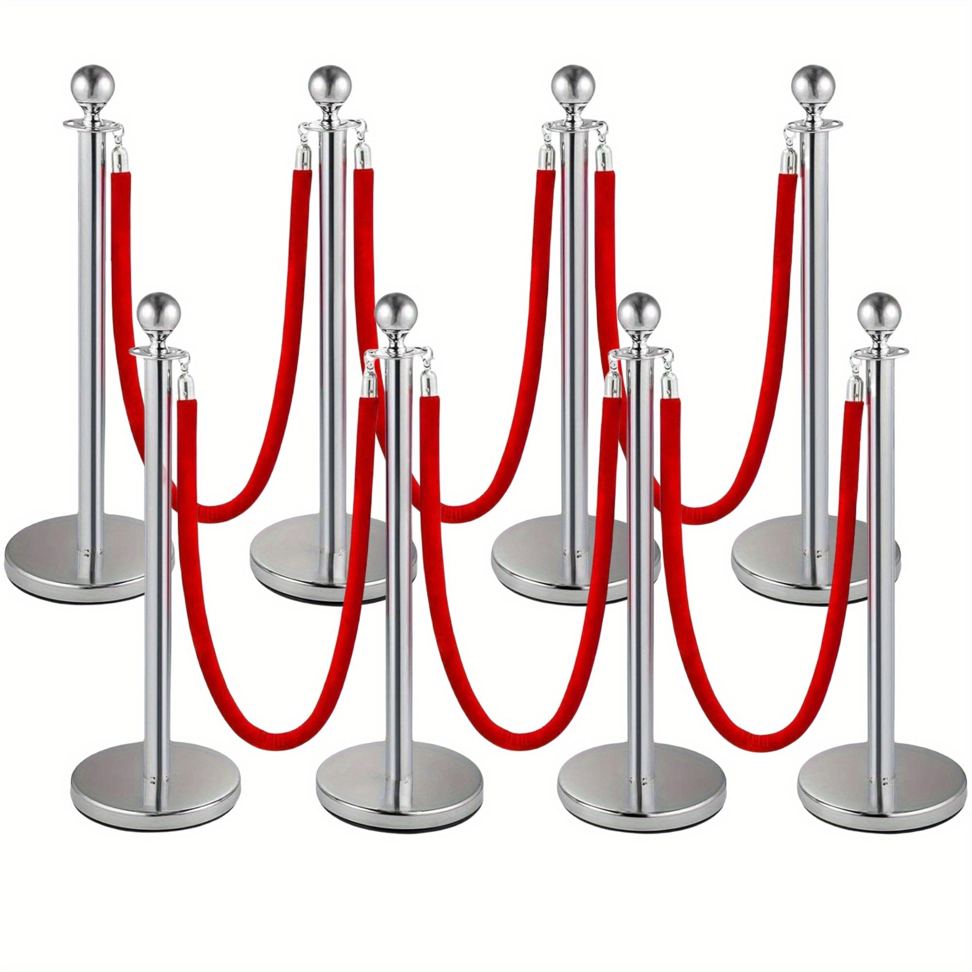 TEMU 8pcs Stainless Steel Post, Stanchions With Red Rope, Hollow Base And 5ft Velvet Ropes Safety Barriers Set (8pcs-silvery+6pcs Ropes)