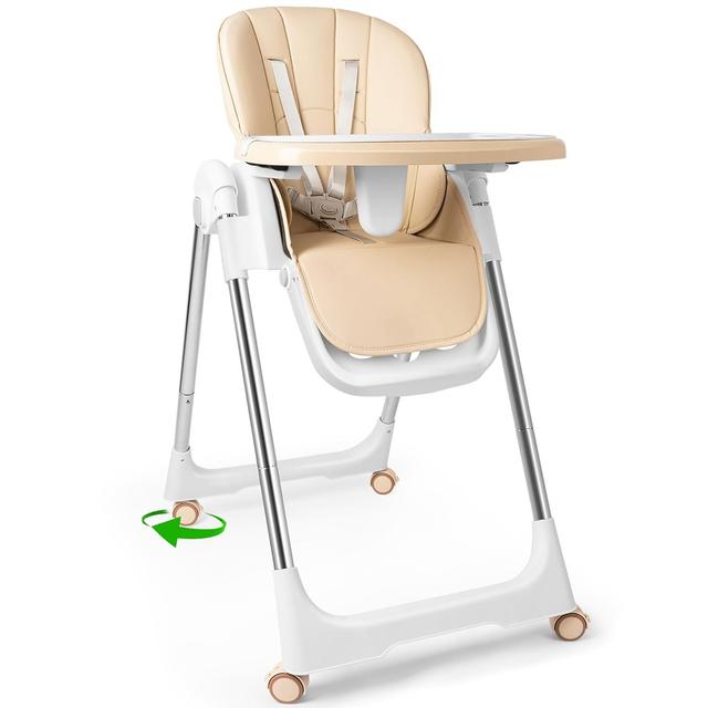 TEMU Kinderhochstuhl, Baby-Highchair, mobiler faltbarer Kinder-Esstisch mit Doppeltablett 4 Rädern – verstellbare Essstühle mit 5-Punkt-Sicherheitsgurt, Doppeltablett 4 Rollen