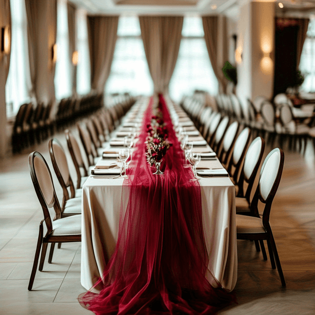 TEMU 1pc, Elegant Red Chiffon Table Flag, Size 9.8/ 19.6/ 26.2 Feet Long, Suitable For Table Decoration Such As Weddings, Engagements, Wedding Banquets, Birthday Parties, , And Hospitality Ceremonies.