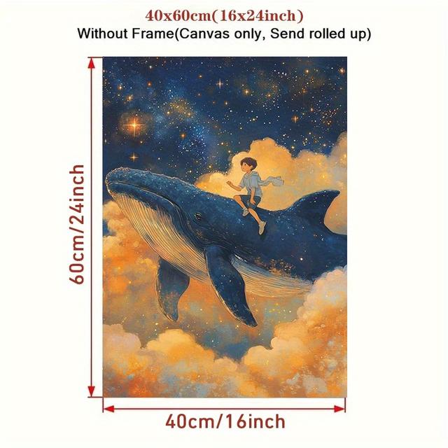 TEMU 1pc Canvas Poster - A Little Boy Is Sitting On The Back Of A Flying Whale- Ideal Gift For Bedroom Living Room , Wall Art, Wall Decoration, Winter Decoration, Room Decoration