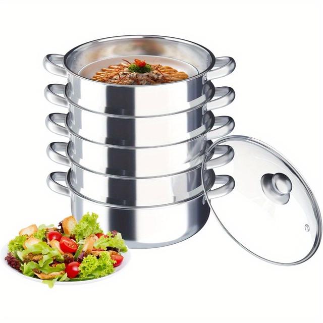TEMU 5-tier Steamer Pot Stainless Steel Cookware For Cooking 11.8in/30cm Steamer Pot With Glass Lid For Dumpling Stock, Sauce