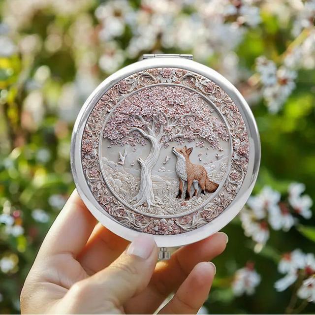 TEMU 1 шт. 2D Плоске Вінтажне Дзеркало для Макіяжу з Білим Деревом, Рожевими Квітами та Лисицею у Квітковій Оздобленій Рамці, Ідеально для Весільного Подарунку, 2D Плоске